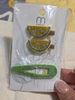 Lemon Crystal Slice Hair Clip 3 Piece Set - Women Accessories